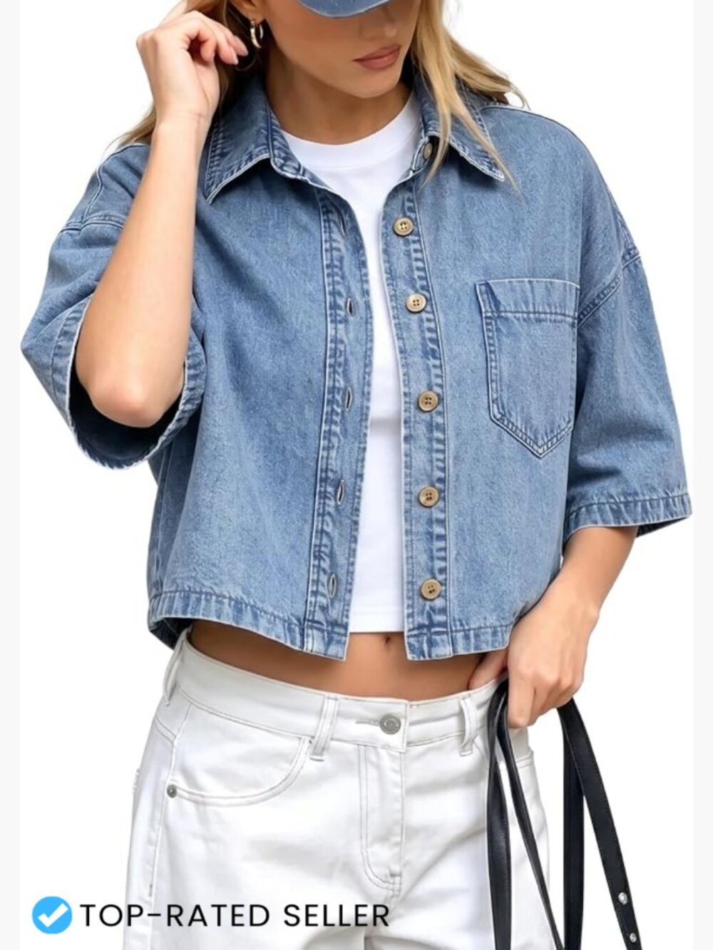Women's Cropped Denim Jacket Short Sleeve Button Down Shirt Classic Retro Chic